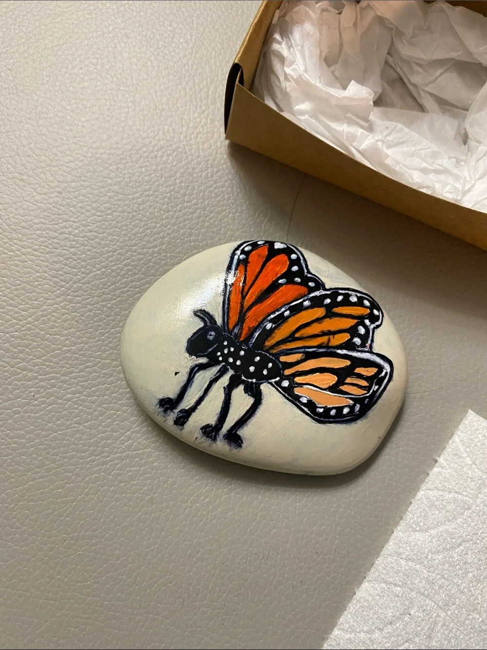 Rock Art Hand-Painted Orange Monarch Butterfly  on Natural Stone